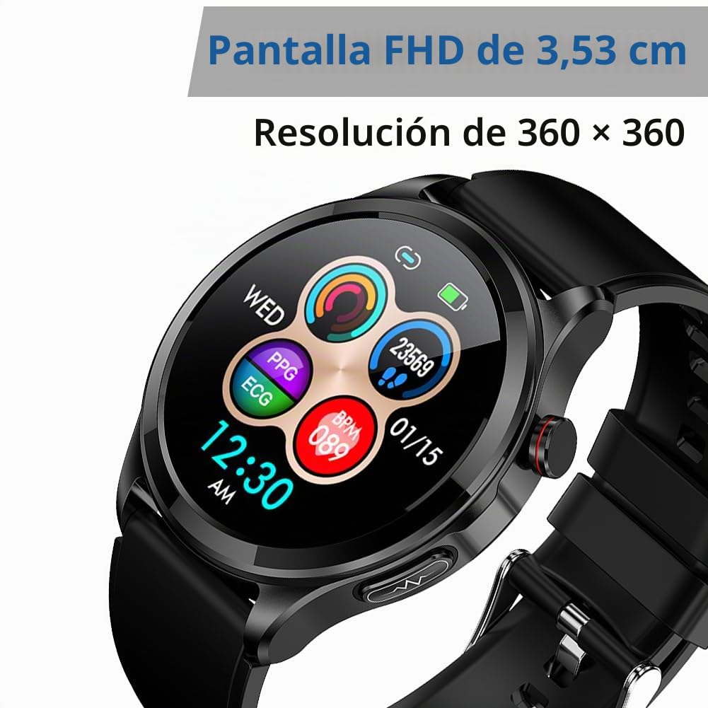 Reloj Inteligente ECG, 1,39 Pulgadas Impermeable Smartwatch con Presión Arterial, SpO2, Frecuencia Cardíaca, Mensajes y Recordatorio de Llamadas para Android iOS (Negro, TPU 22mm)