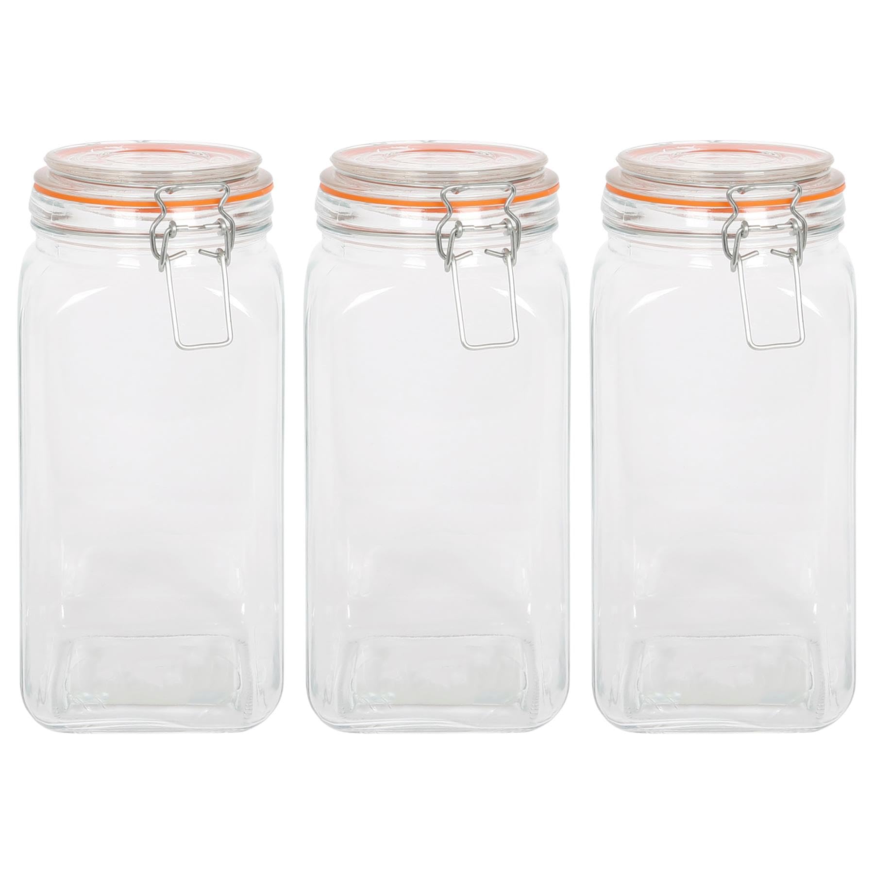 Argon Tableware 1.7L Square Glass Jars with Clip-top Lids - 3pc Airtight Kitchen Mason Jar Food Storage Preserving Container for Pickling, Chutney, Jam, Coffee, Oats