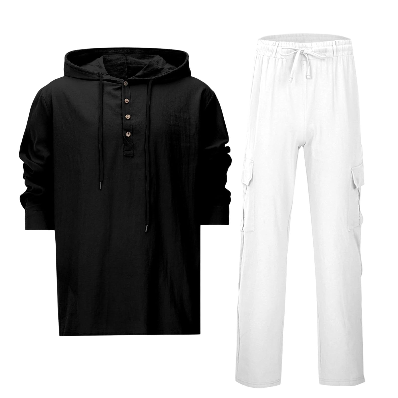 Generico Completo Estivo Uomo in Cotone Lino Leggero Felpa con Cappuccio e Pantaloni Cargo a Gambe Larghe 2 Pezzi Set Tuta Estivi Completa Lino Camicia con Bottone Traspirante Taglie Forti