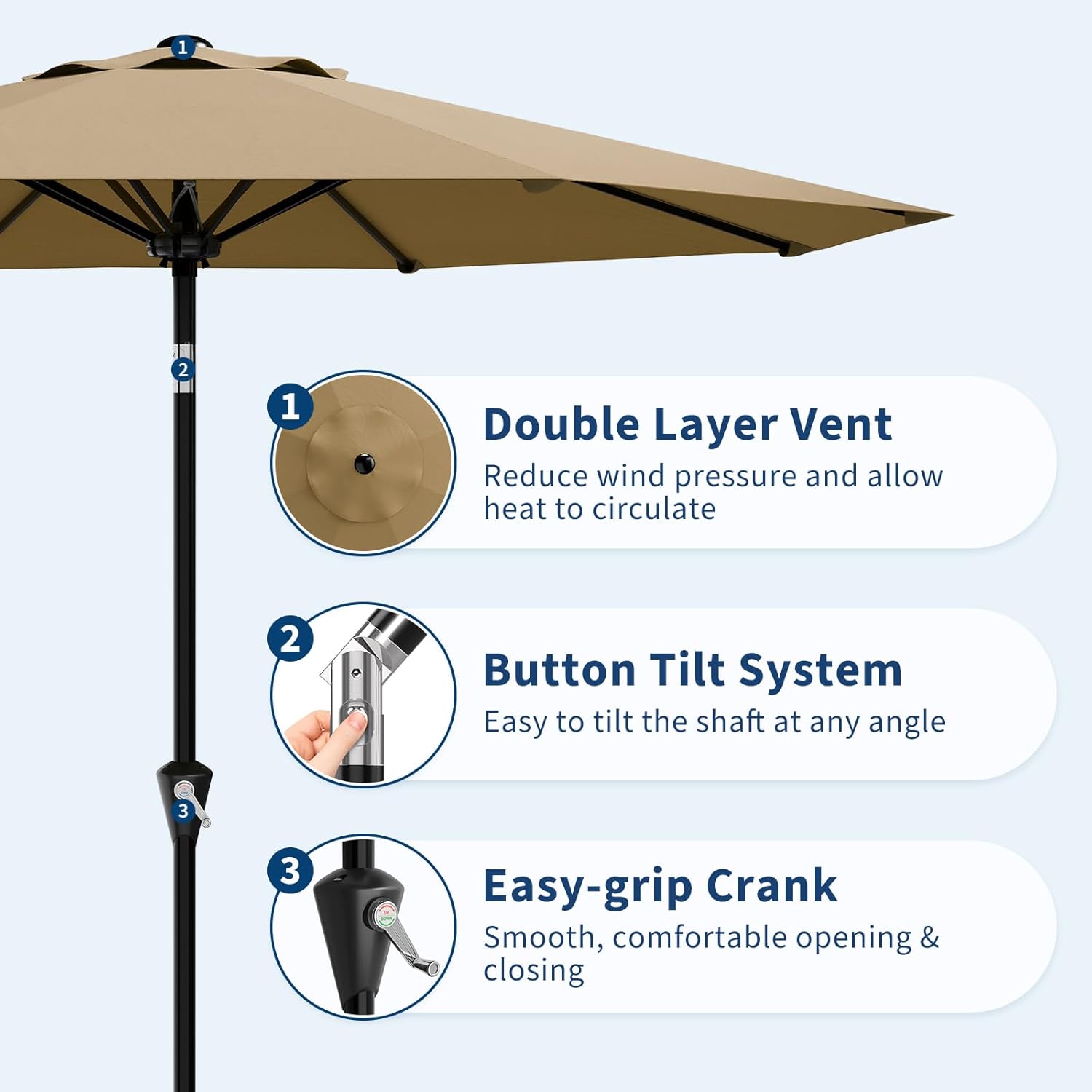 Garvee 9FT Patio Umbrella - Outdoor Table Umbrella with Smooth Crank Lift, Push Button Tilt and 8 Sturdy Ribs - Market Umbrella UV Protection Waterproof for Pool, Deck, Yard, Garden (Tan) - Image 3