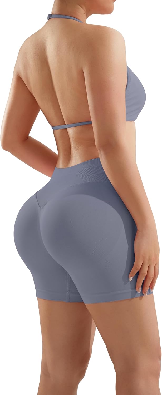 SUUKSESS Women 2 Piece Workout Sets Halter Neck Padded Sports Bra Seamless Hidden Scrunch Hip Lifting Biker Shorts