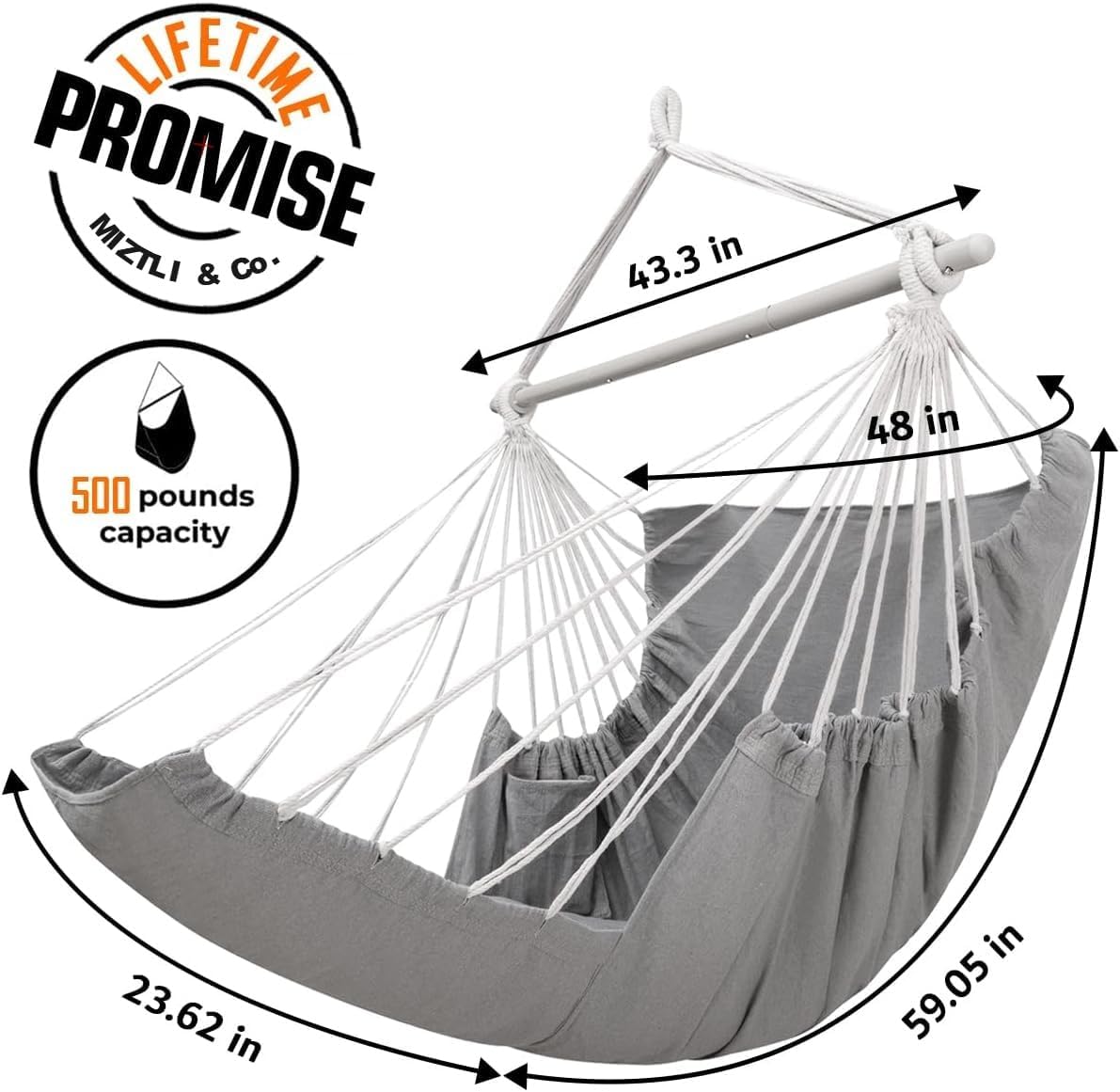 Miztli Hammock Chair Hanging Chair Swing for Bedroom with Foot Rest, Max 500 Lbs, Steel Spreader Bar with Anti-Slip Rings-2 Cushions Included-Indoor and Outdoor