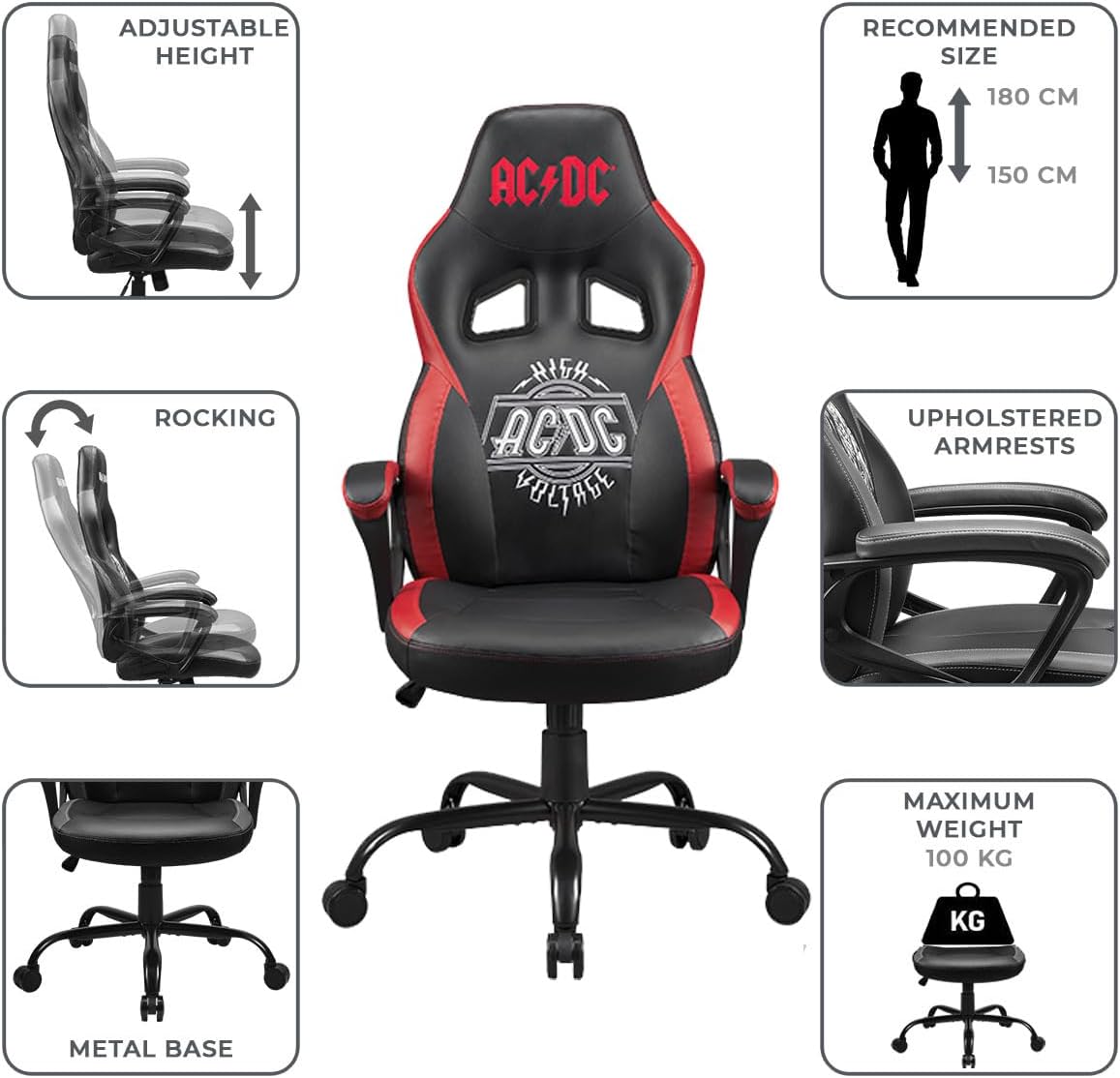 AC/DC - Gaming Chair or Office Chair, AC DC pop Gaming Chair for Teenager or Adult, Comfortable Rocking seat, Integrated headrest and armrests, Ergonomic, Adjustable backrest - Black