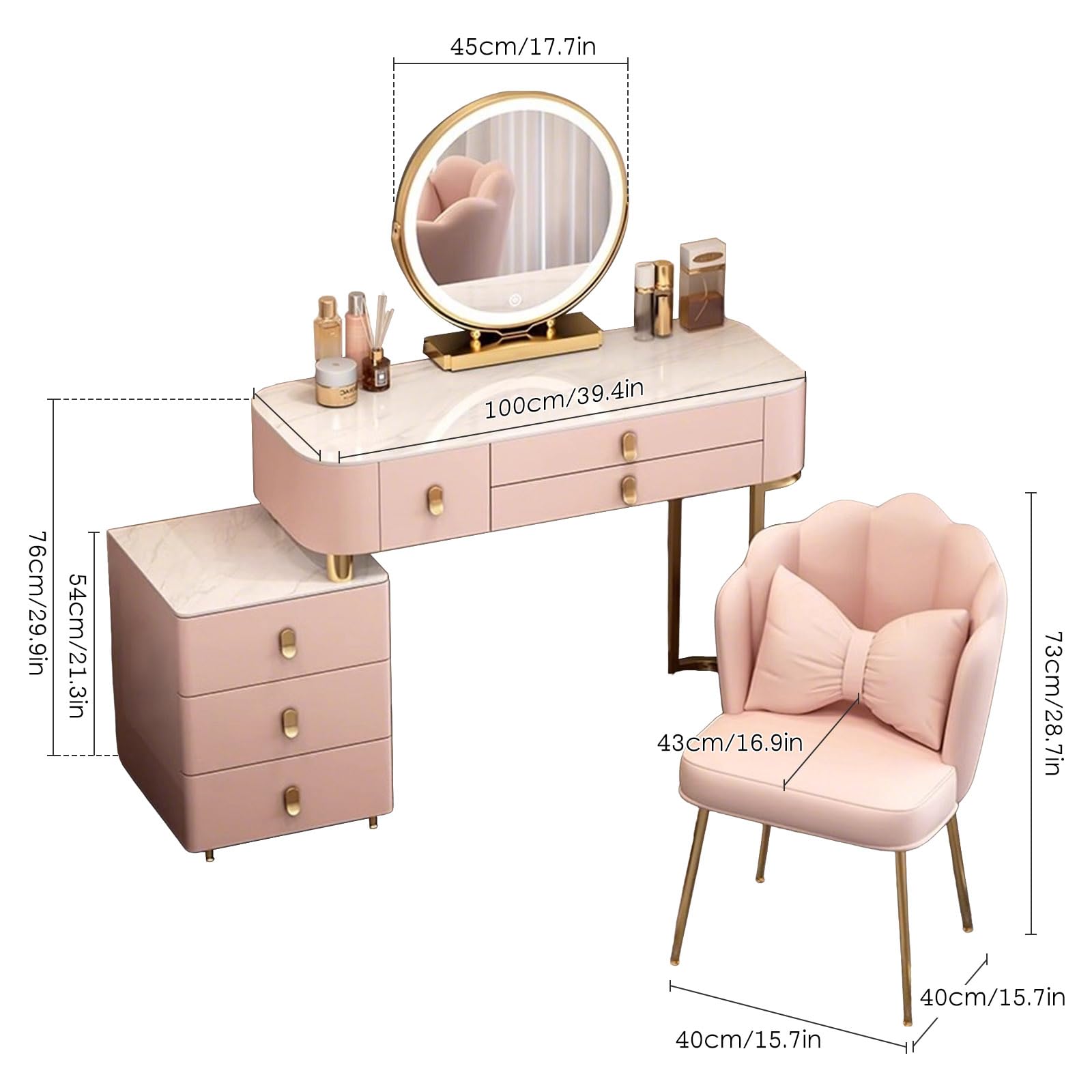 Schminktisch mit Hocker und Sideboard, Frisiertisch mit Schubladen und Organizer, Großer Kosmetiktisch mit Beistellschrank für Schlafzimmer, Komplettes Schminktisch-Set