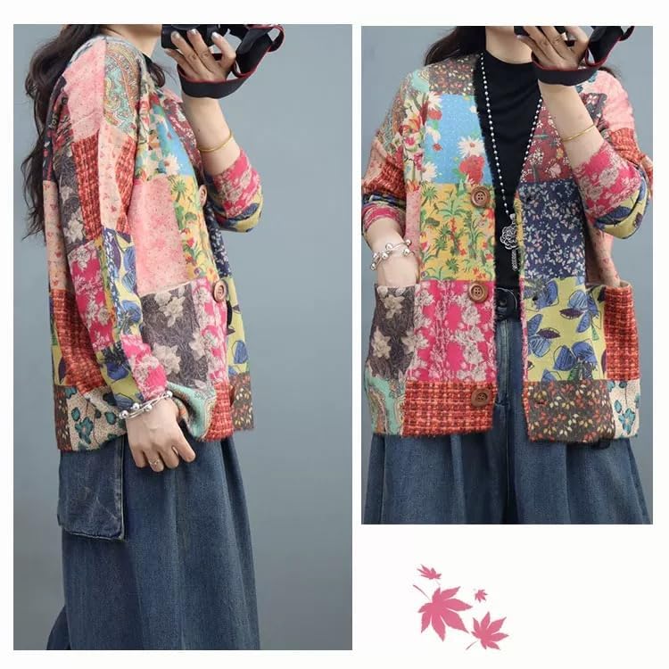 Image of TBUS Women's V Neck Oversized Cat Print Cardigan, Boho Patchwork Knit Sweater Long Sleeve Button Front with Pockets