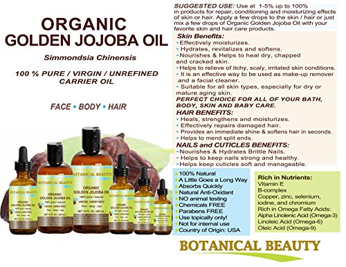 Botanical Beauty Organic Golden Jojoba Oil 100% Pure For Face, Hair And Body. 2 Fl.oz- 60 Ml. #TOP6