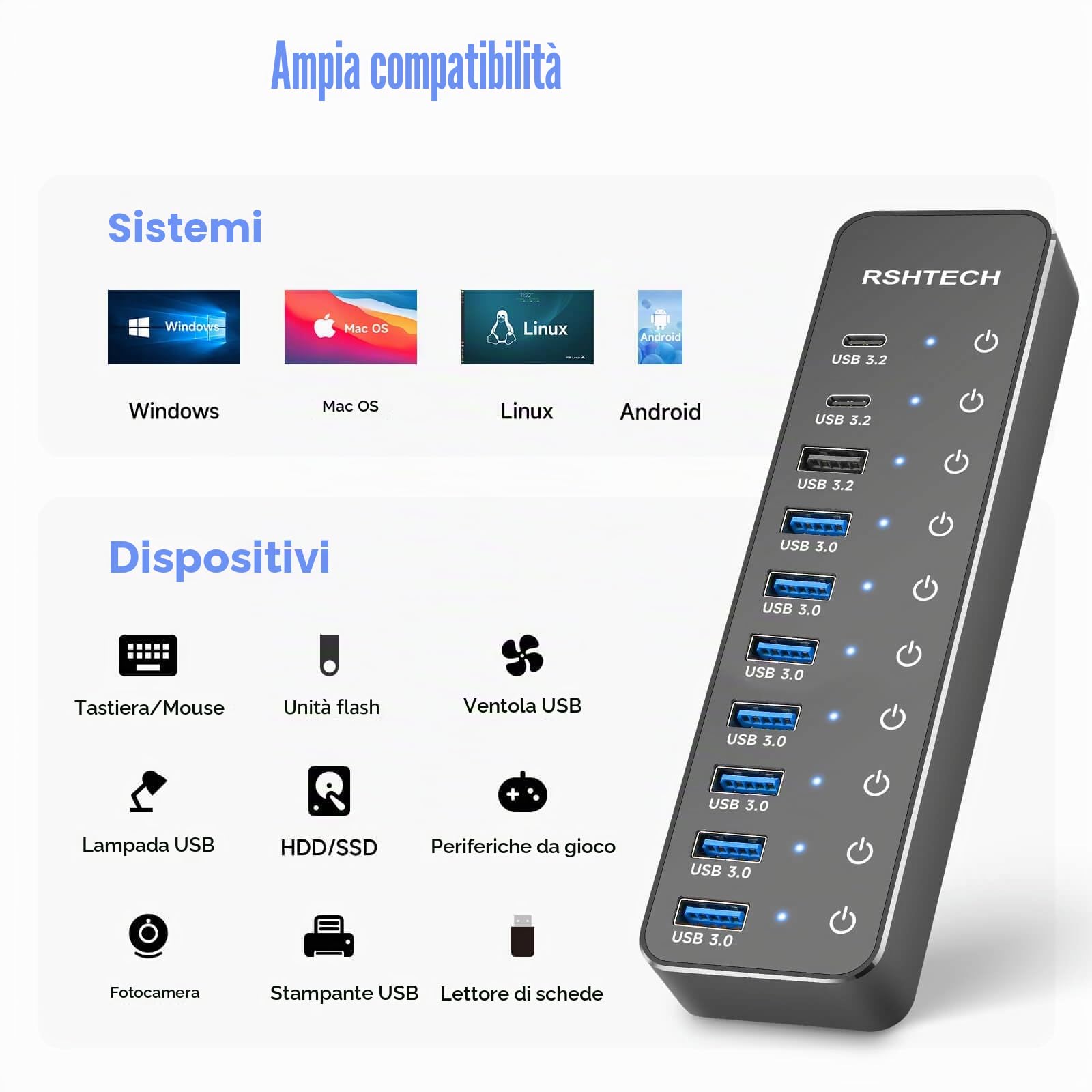 Hub USB alimentato, RSHTECH 10 porte USB 3.2/USB C Hub 60 W con USB-A 3.2 da 10 Gbps, 2 porte USB-C 3.2, 7 porte USB 3.0, interruttori touch individuali e cavo da 1 m, splitter USB ibrido per laptop