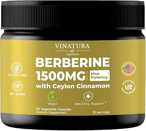 Berberina 1500mg - Suplemento de berberina con canela de Ceilán, berberina HCL de máxima potencia - 90 cápsulas