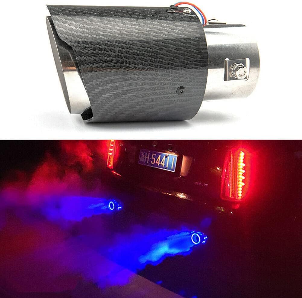 2.25 Inch LED Exhaust Tip Tailpipe Tip 60mm Straight Carbon Fiber Style Bolt Clamp On for Cars HTRACING (Blue Light)