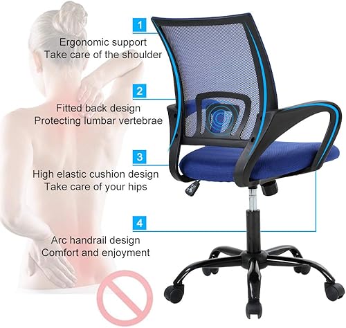 Miniatura 3 de Silla de oficina ergonómica de malla con respaldo medio, soporte lumbar, ajustable, giratoria, enrollable, silla de escritorio rosa con brazos para