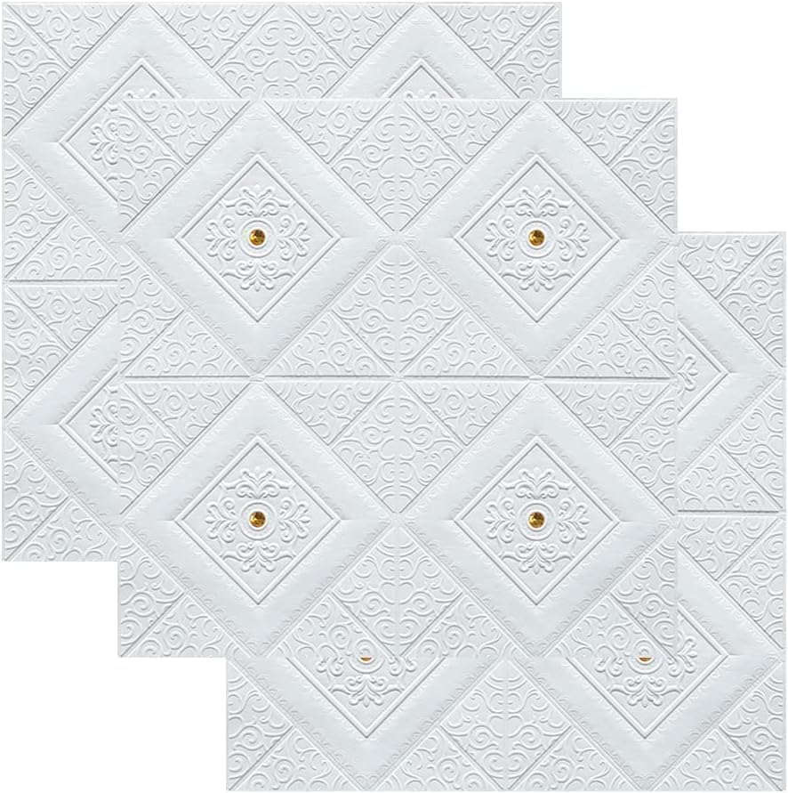 Image of 3D White Brick Wallpaper with Golden Tikdi Self Adhesive PE Foam Wall Sticker for Home Living Room Bedroom Kitchen Hotel DIY Wall Decor ((25, White with Goldan Round Wallpaper)
