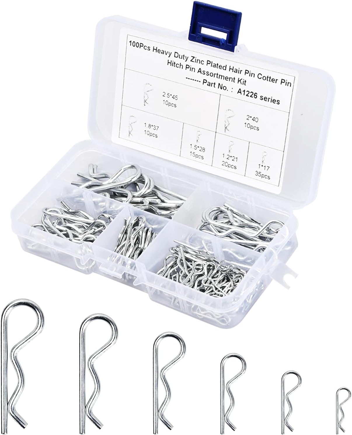 Cotter Pins Assortment Kit, 100 Pcs Carbon Steel R Clips, Zinc Plated Cotter Pin, 6 Sizes, Tow Bar Tractors Mower Carts