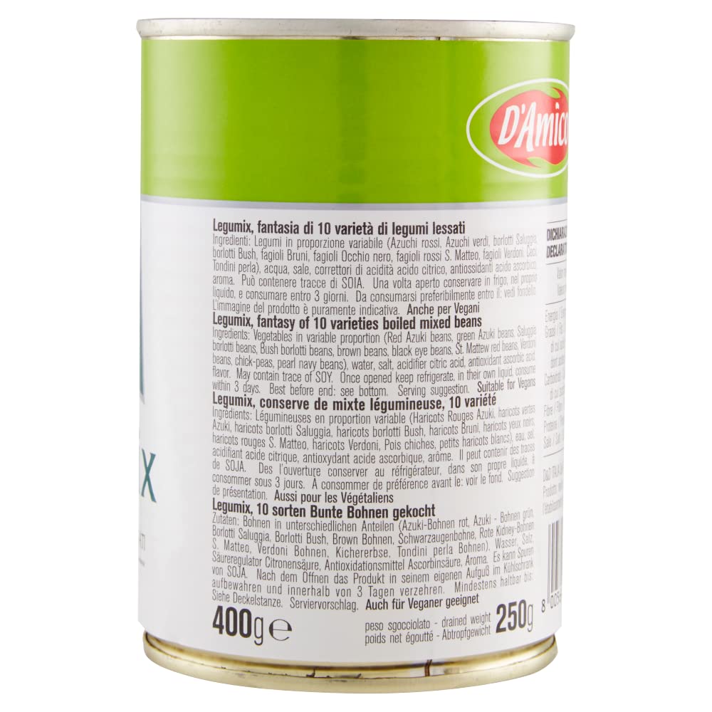 24 legumbres D'Amico Legumix Fantasia di Legumi Lessati hervidas, 10 variedades preciosas fuente de fibra y vitaminas 400 g lata
