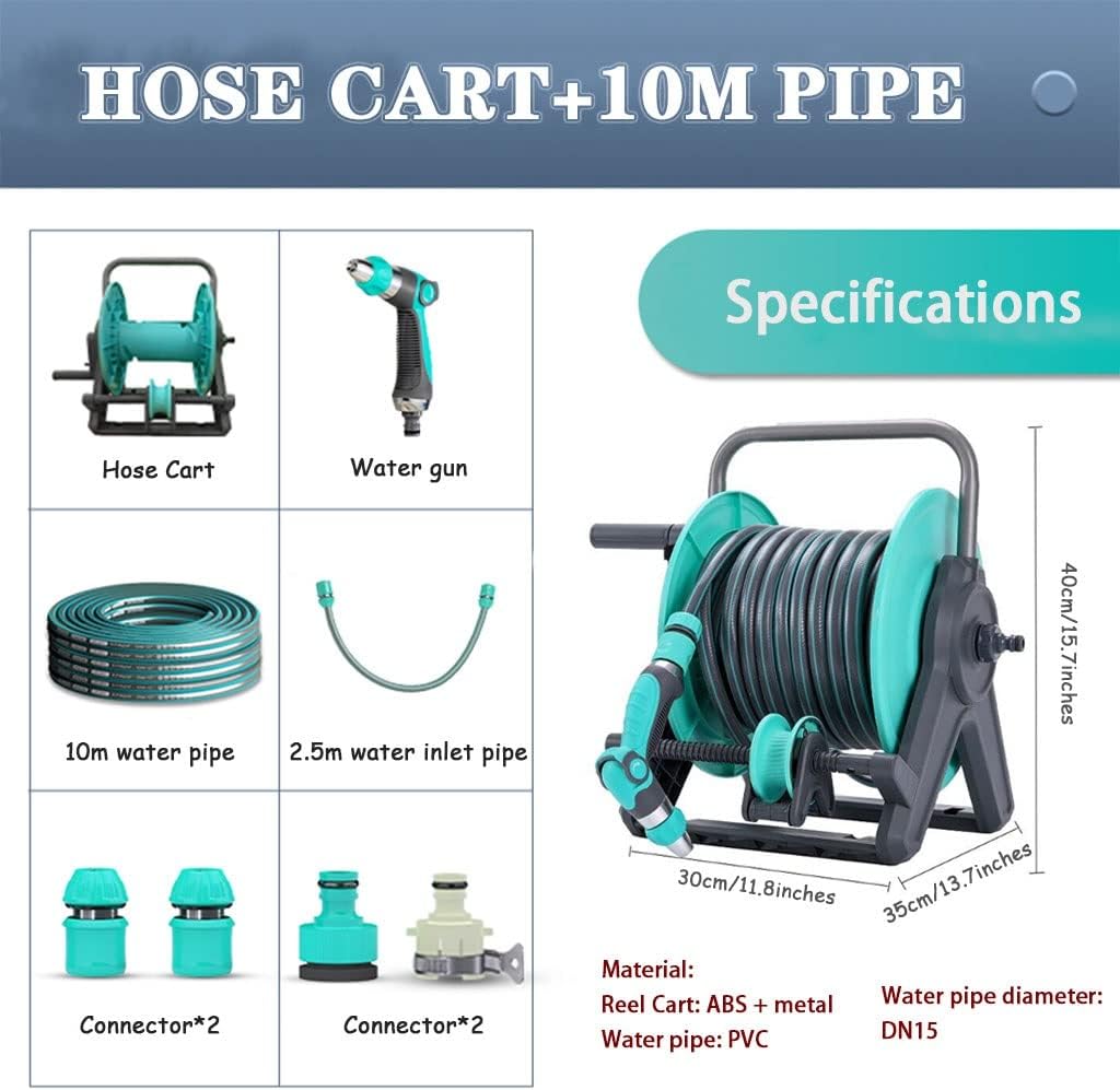 Hose Reel Cart Hose Reels for Outside Wall Mounted Garden Hose Cart, Portable Floor Hose Reels, Water Pipe Organizer Guiding Device, for Car Wash (Blue Hose Cart+10m Pipe)