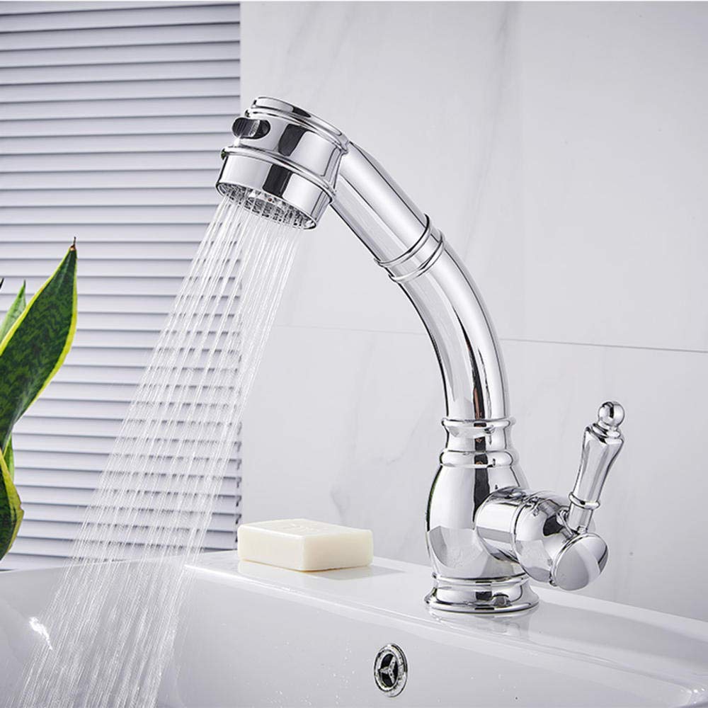 Robinet de lavabo avec douchette extractible télescopique en laiton chromé
