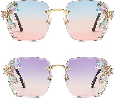 Vintage Rimless Square Rhinestone Sunglasses Women Retro Cutting Lens Luxury Bling Diamond Sun Glasses Female Party Eyewear (2pcs-blue pink&purple pink)