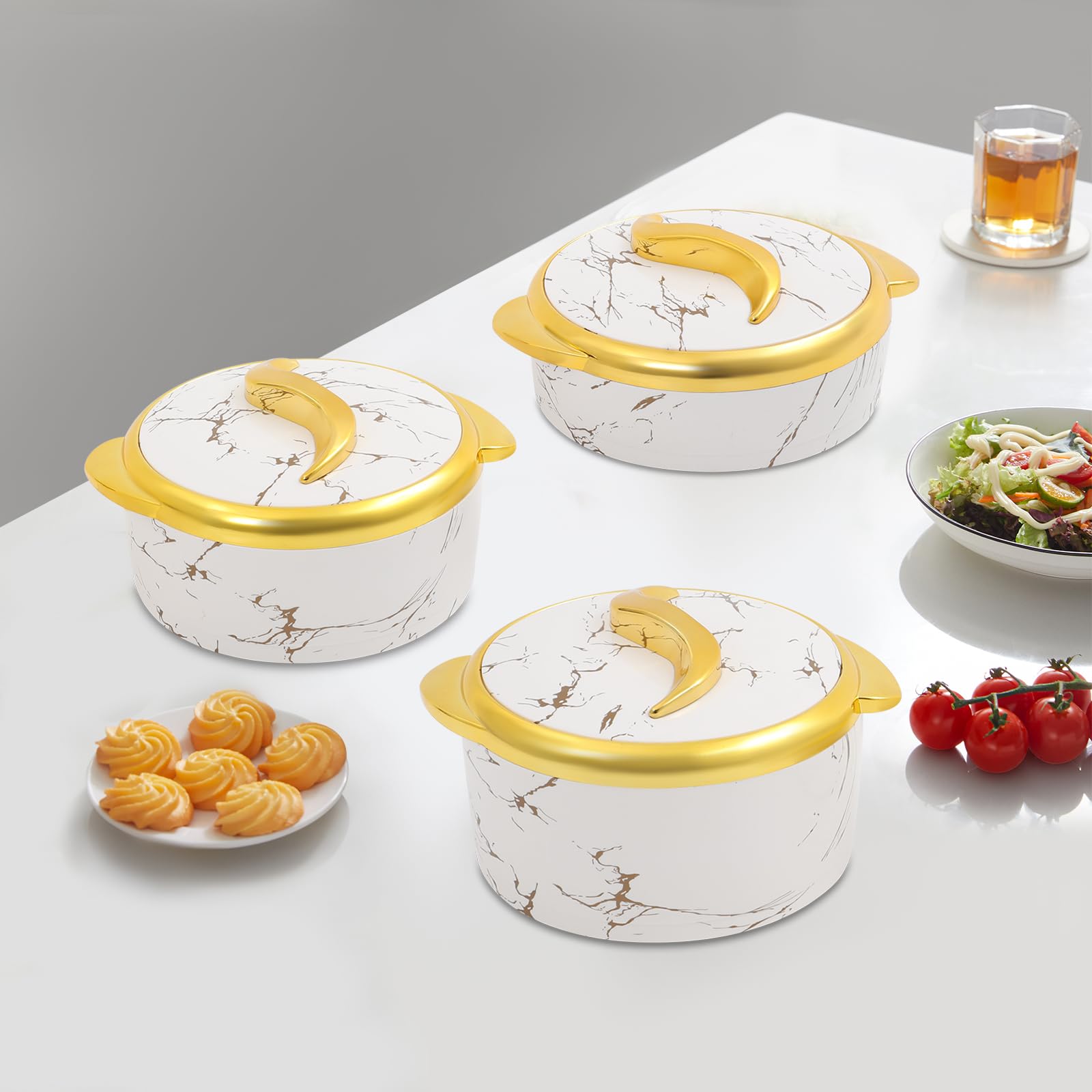 Xuthusman 3-Piece 1.5L/2L/2.5L Thermal Casserole Dish Set with Lids，Stainless Steel Bowls for Hot Cold Food Insulated Serving Bowl for Buffets Parties Picnics Camping（White Marble）
