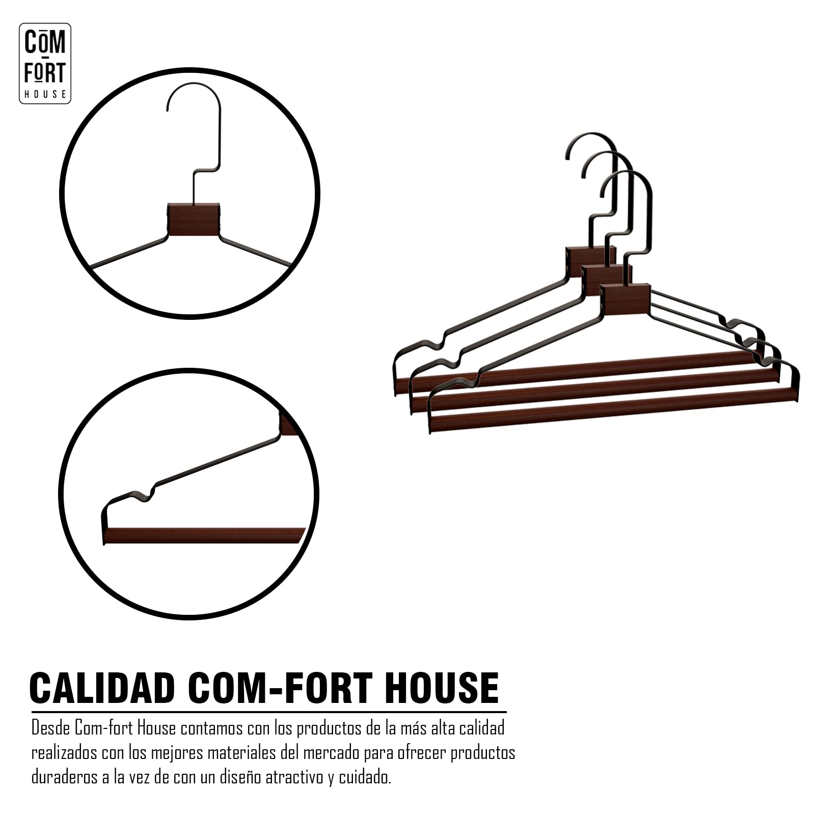 Percha de Metal con Barra de Madera Negra Pack 30 COM-FORT HOUSE | Barra de madera, Muescas antideslizantes, Alta resistencia, Ahorra espacio