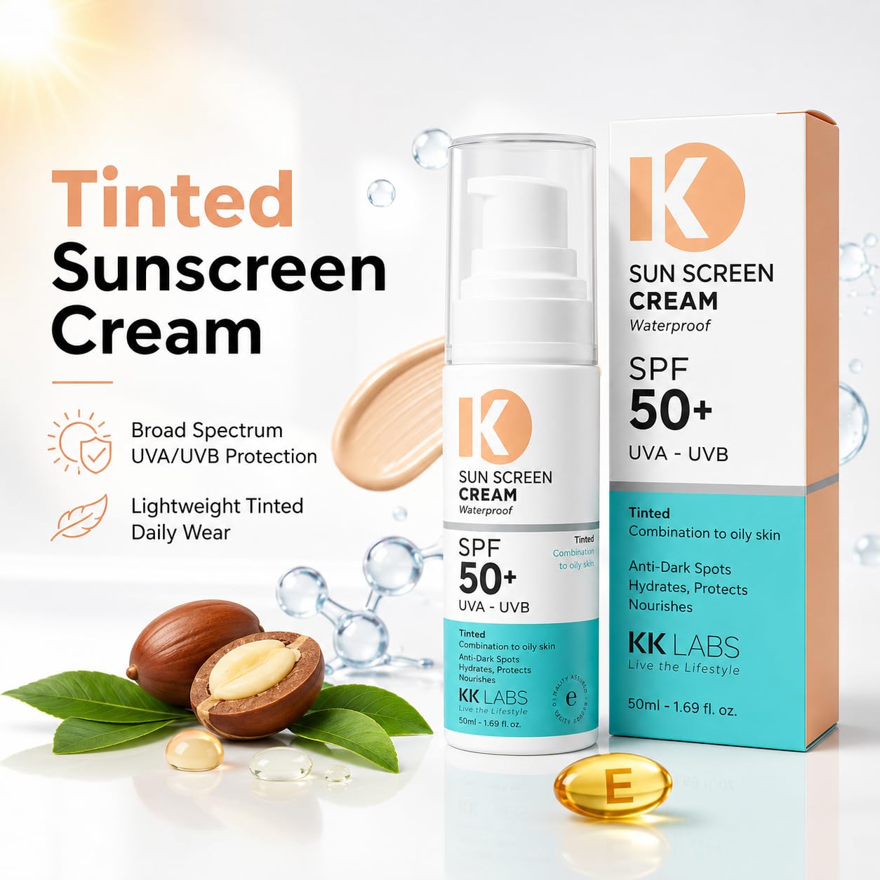 KK Labs Tinted Sun Cream for Combination to Oily Skin 50ml - Daily Facial Sunscreen with a Tint That Evens Skin Tone and Controls Shine for a Natural, Matte Complexion, Men and Women