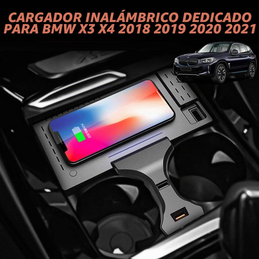 Cargador Inalámbrico Coche Auto para BMW X3/X4 2018 2019 2020 2021 Consola Central Panel, 15W Carga Rápida Auto Teléfono Cargador con QC3.0 USB Puerto para iPhone 12/11/X/8 Samsung S20/S10
