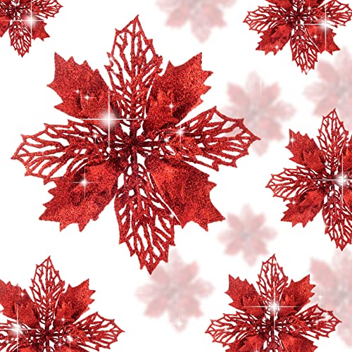 Wironlst 16 Pcs Glitter Poinsettia Flowers Artificial - Christmas Red Poinsettia Decorations Tree Flowers Ornaments for Xmas/Holiday/Seasonal/Wedding Decor