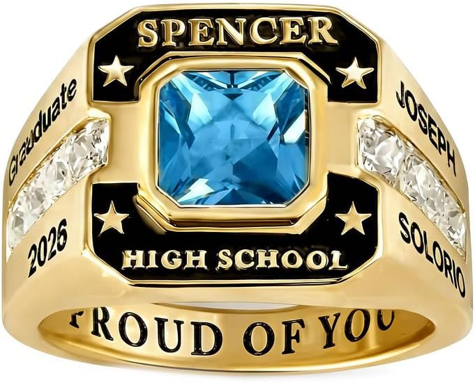 10K/14K/18K Gold Personalied Mens Class Rings Customized High School College Class Ring Customized Text and Birthstones Ring Graduation Gift for Men Size 3-16
