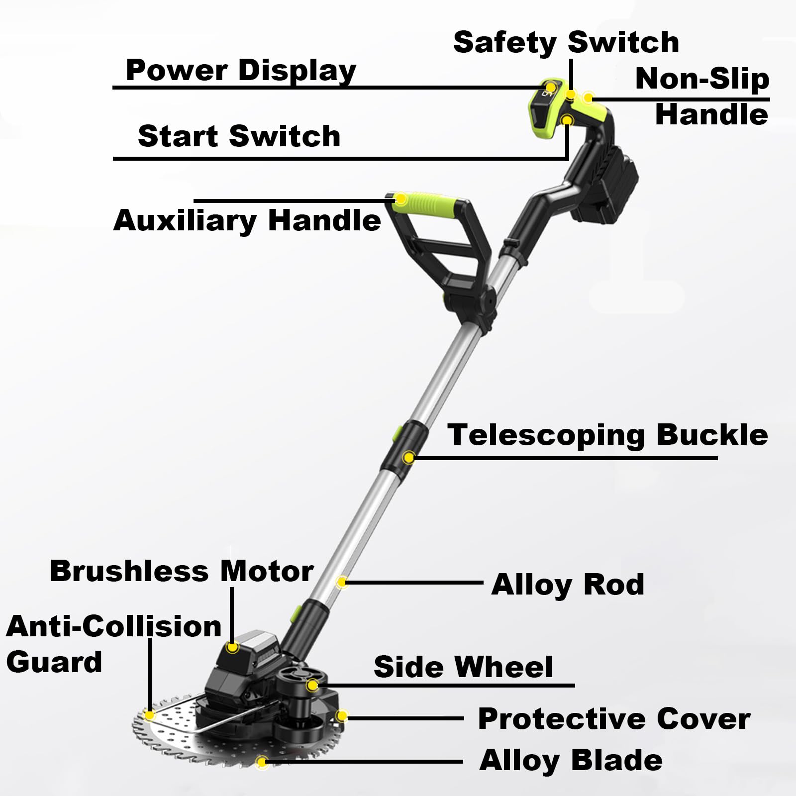 Decespugliatore senza fili, asta regolabile da 117 a 140 cm, lama grande da 20 cm, protezione di sicurezza, con kit di ruote opzionali per una facile manutenzione del prato e del cortile