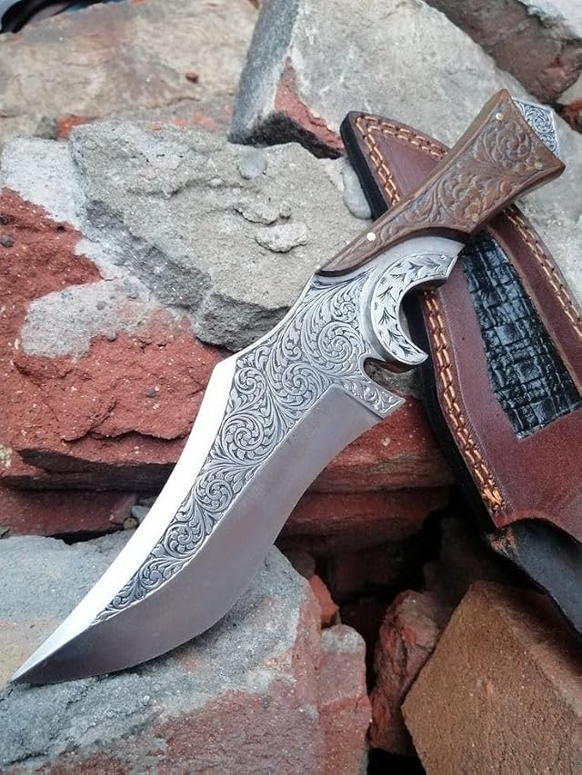 Deep Hand Engraved D2 Steel Skinner Knife EDC Fixed Blade Knife for Hunting Camping Outdoor Activities Bowie Knife
