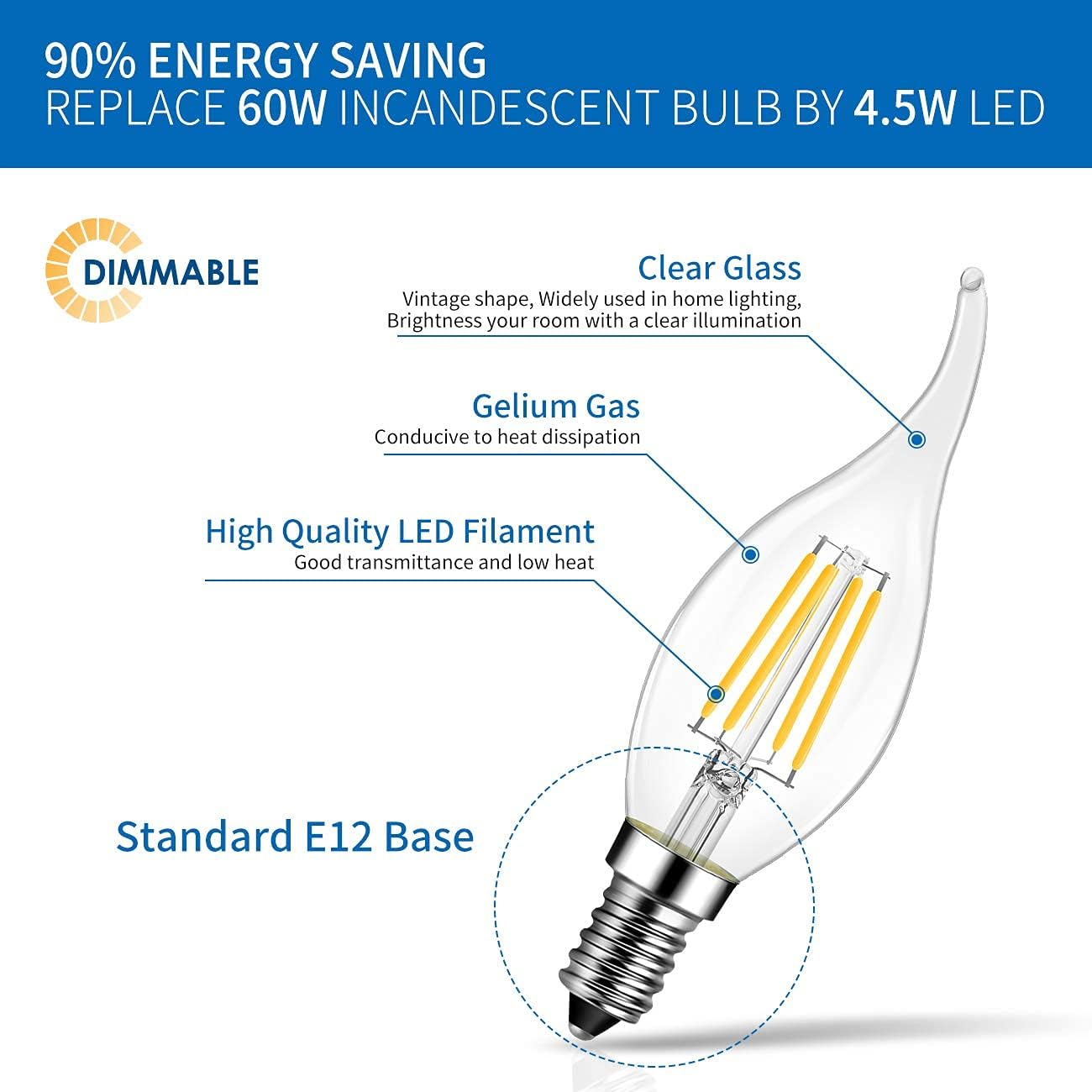 ANWIO Flame Tip LED Filament Bulb Candelabra E12 Base, Dimmable 4.5W (60W Equivalent) B11 Chandelier Candle Light Bulb, 2700K Warm White 6-Pack