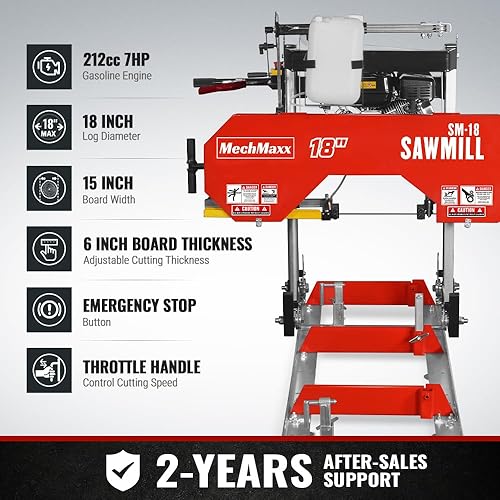MechMaxx Aserradero portátil de 18'', motor de gasolina DUCAR 212cc 7HP, ancho de tablero de 15'' y grosor de tablero de 7'', longitud de pista