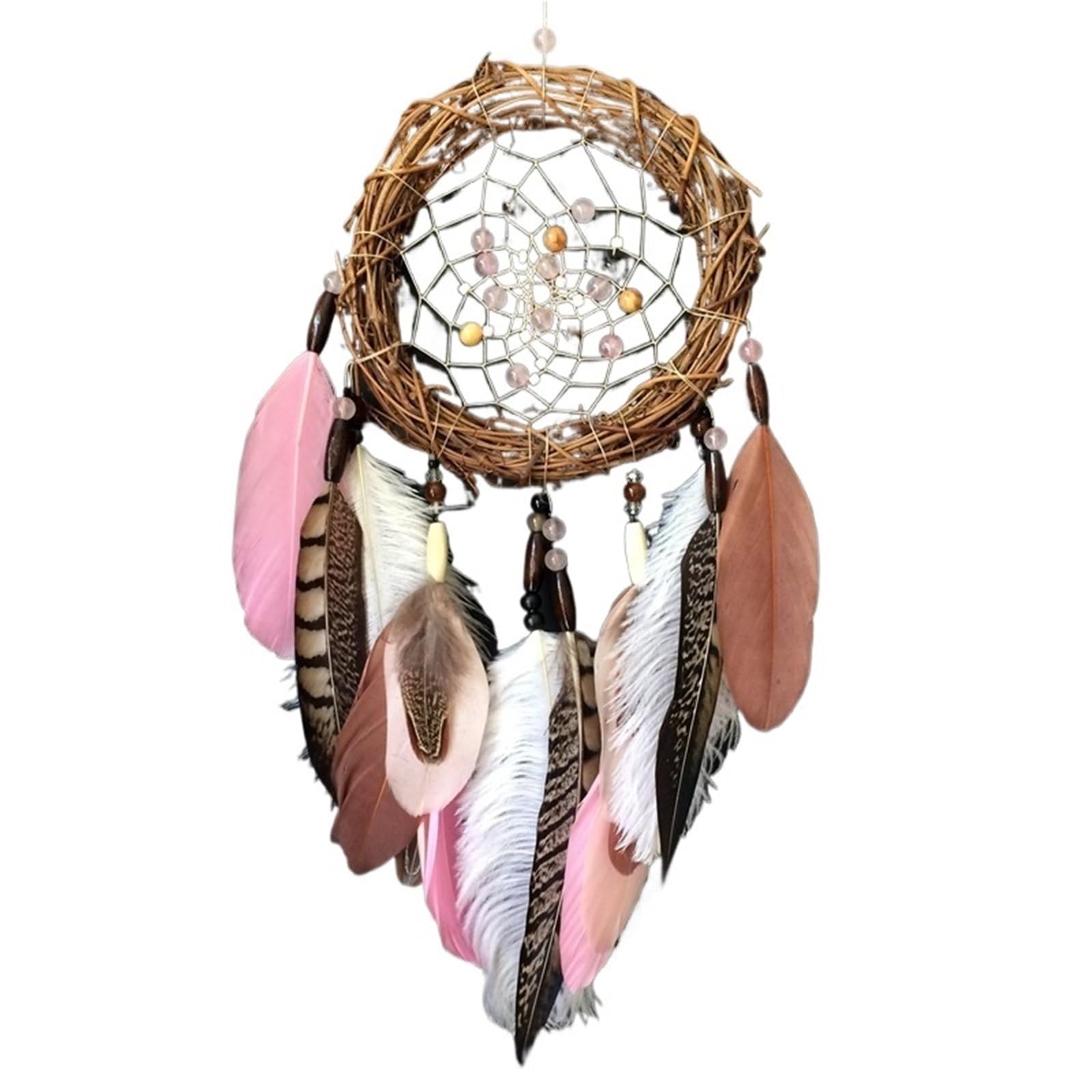 2PCS Handmade Dream Catcher Hanging With Rattan Bead Feathers Wall Car Decoration Ornament Dreamcatcher for Bedroom(Pink)
