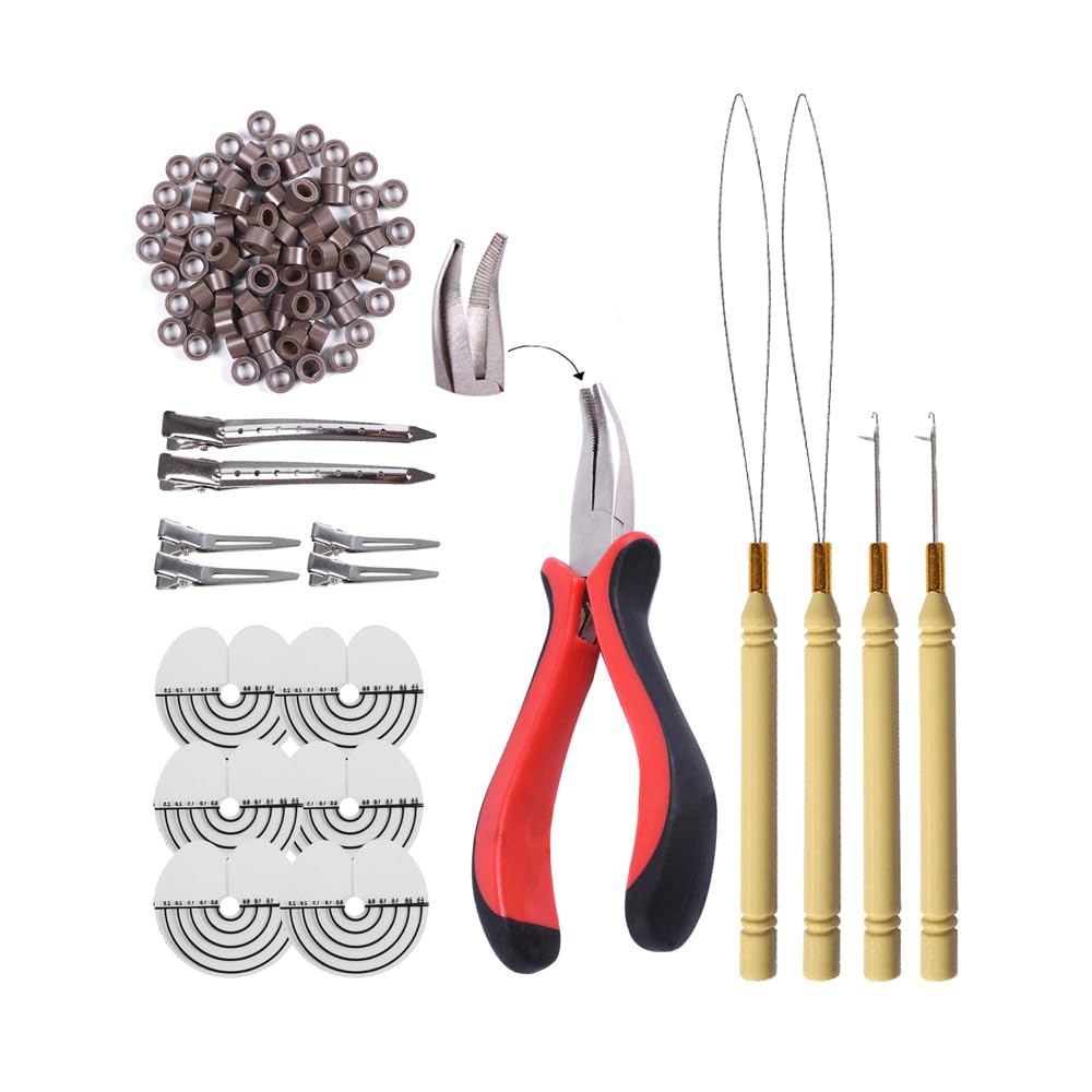 200pcs Micro Silicone Rings Hair Extensions Kit I-tip Hair Pliers Micro Pulling Hook Needle Loop Threader and Micro Silicone Links (Brown)