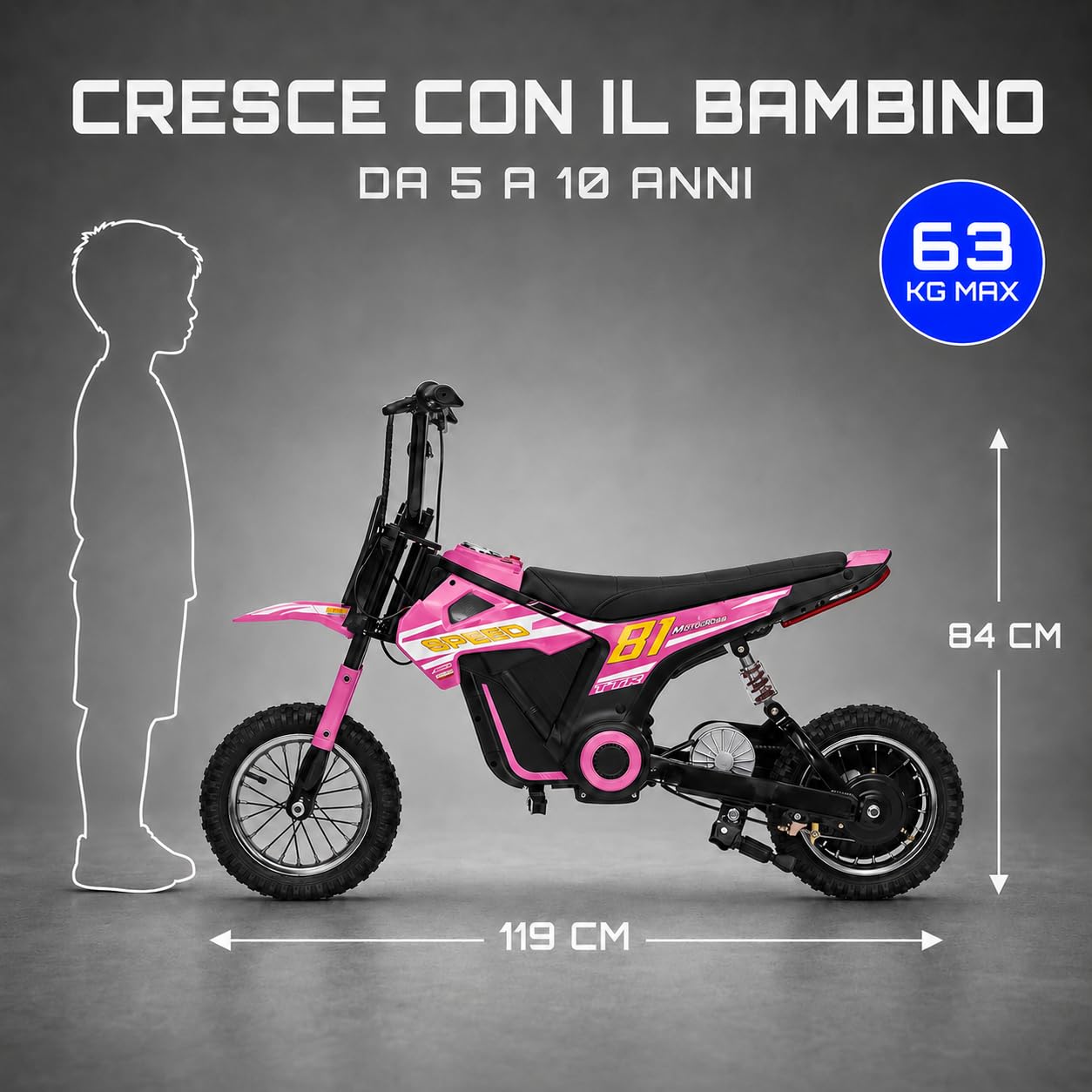 TOYSCAR Moto Elettrica per Bambini 24V 10Ah NITRO GT Motore 350W, Minimoto Elettrica Moto Cross Elettrica, Pit Bike Elettrica, Ruote Gonfiabili 12" Freno a Disco, Sedile in Pelle, 5-10 Anni
