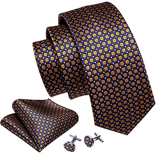 Image of Barry.Wang Plaid Ties for Men Silk Necktie Handkerchief Cuff Links Set
