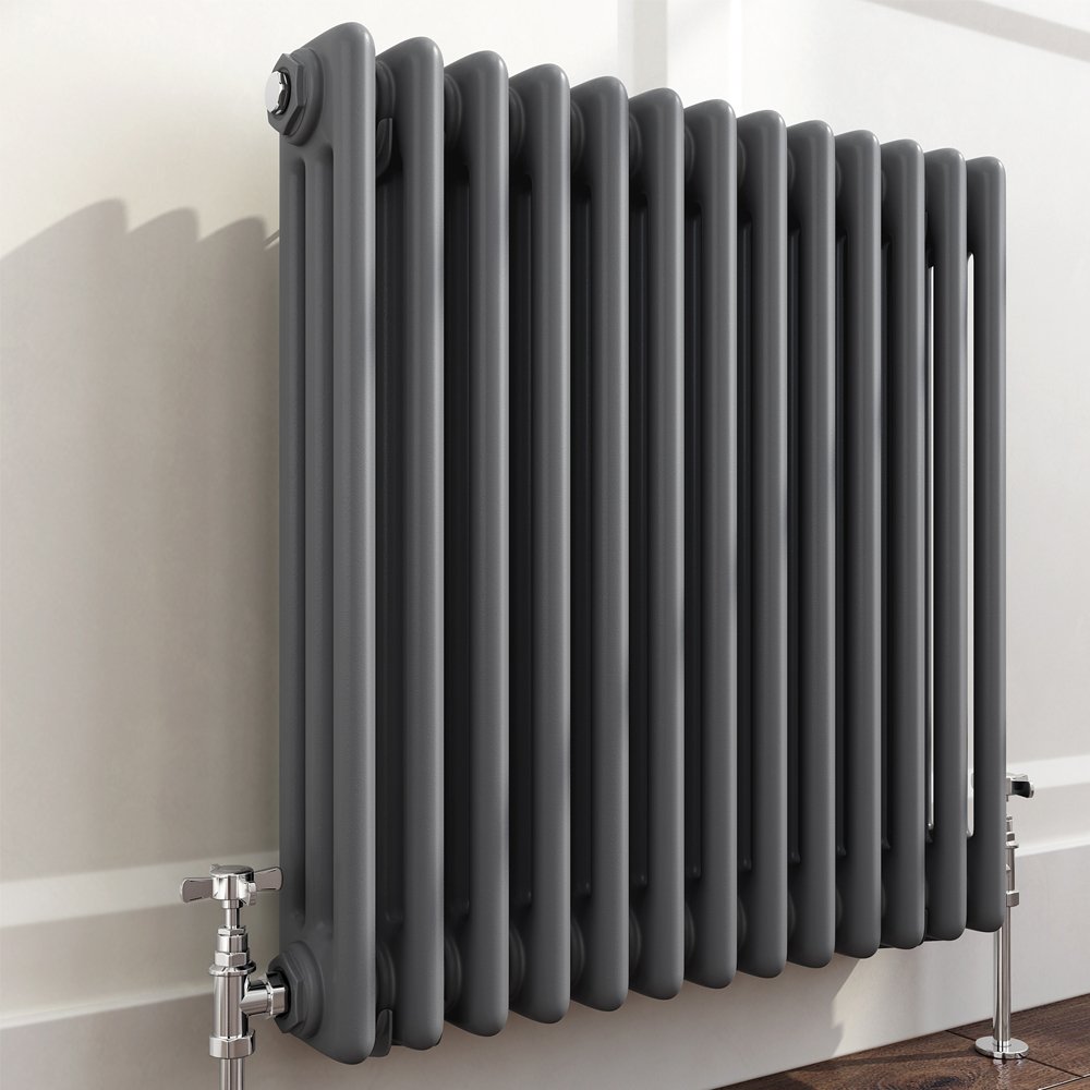 iBathUK Regency Wall-Mounted Horizontal 3 Column Radiator, Steel Cast Iron Style High Thermal Output Hydronic Central Heating, Traditional Designer Radiator in Matt Anthracite, 600 × 605mm