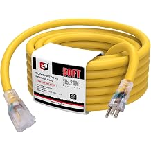 EP 50 Ft Lighted Outdoor Extension Cord - 10/3 SJTW Heavy Duty Yellow Extension Cable with 3 Prong Grounded Plug for Safety, UL Listed