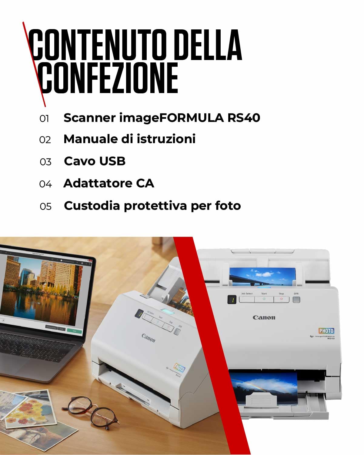 Canon Scanner Foto e Documenti imageFORMULA RS40 | Scanner Fronte-Retro con USB per Casa e Ufficio | Correzione Automatica Foto e Occhi Rossi | Software CaptureOnTouch Canon