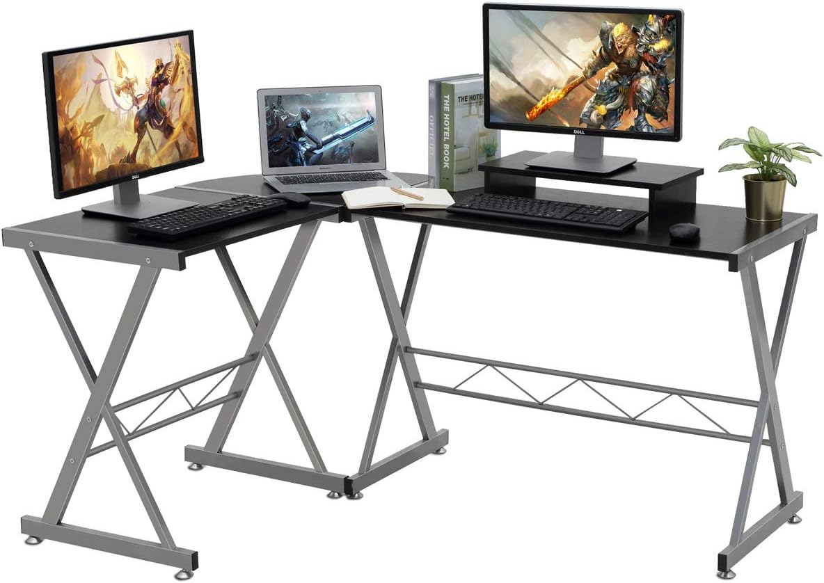 Lasuavy Computer Desk, L-Shaped Large Corner PC Laptop Study Table Workstation Gaming Desk for Home and Office - Free Monitor Stand - Wood & Metal - Black Wood Grain