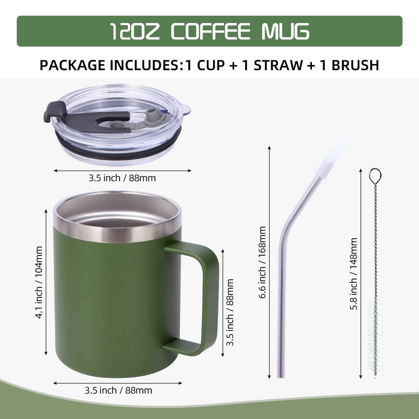 Volhoply 12oz Insulated Leakproof Coffee Mug with Sliding & Straw Lid,Double Wall Vacuum Stainless Steel Travel Tumbler Cup with Handle,Reusable Camping Mugs Keep Cold/Hot(Army Green,1 Set) - Image 2