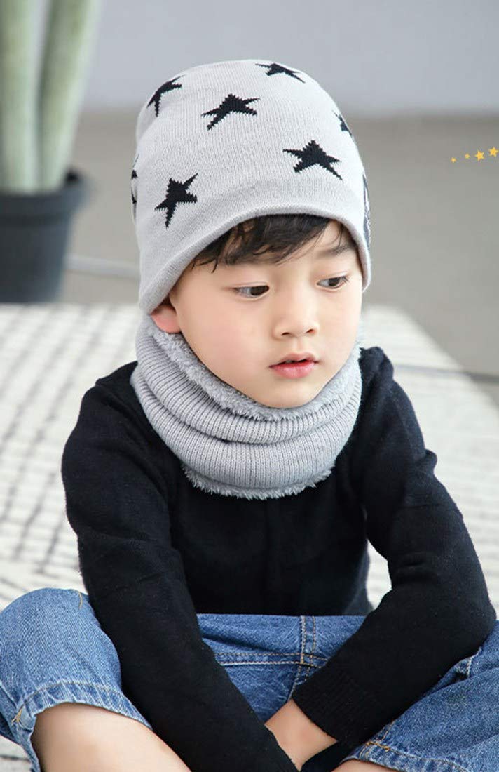 Winter 2-Pieces Knitted Beanie Hat Neck Warmer Scarf Set Fleece Lining Elastic Skull Cap for Adult and Children (Child-Grey)