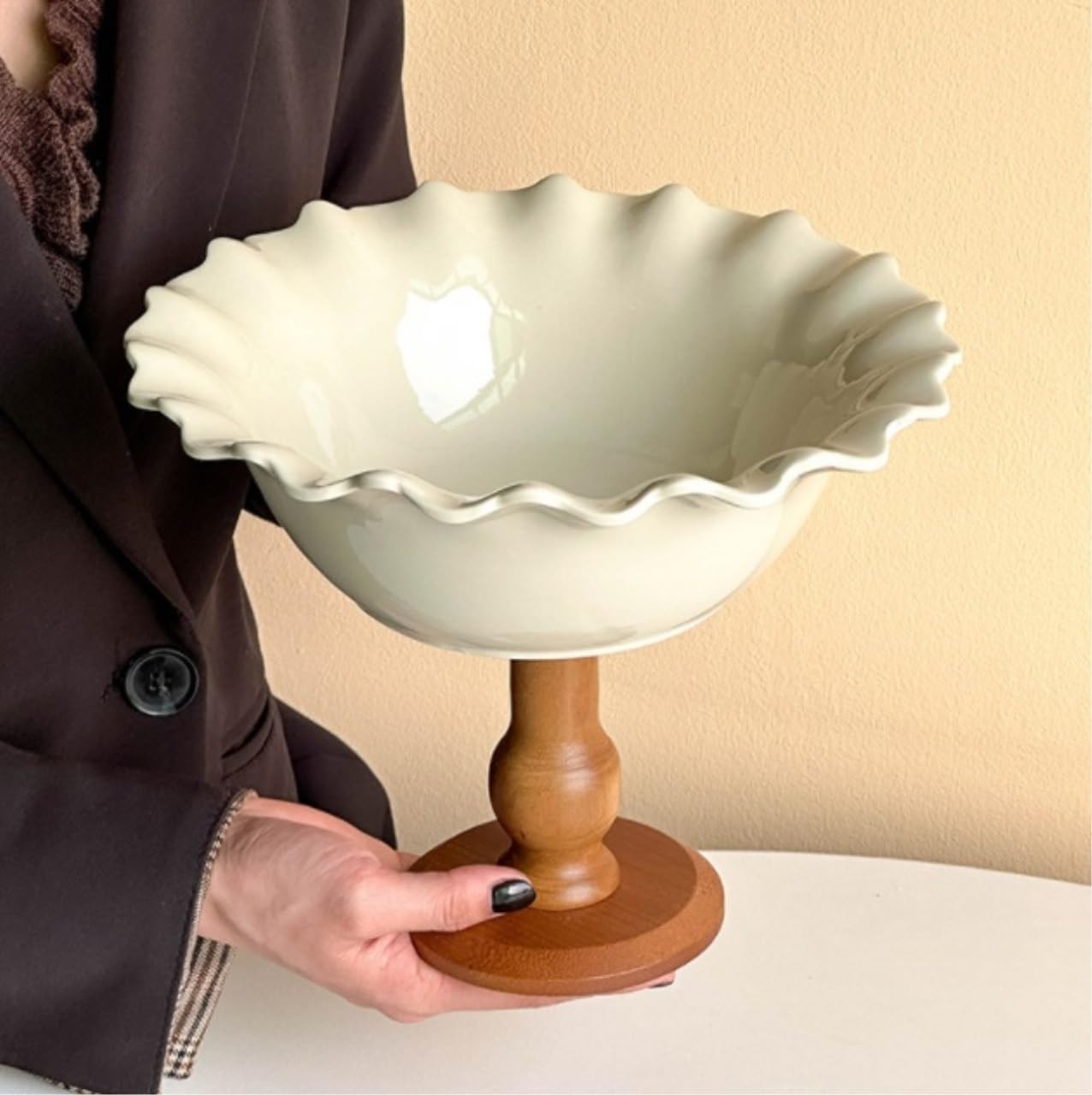 Kosz na Owoce Patera na Owoce Miska na Owoce Ceramiczna Miska Na Owoce Wysoki Kosz Na Owoce Na Blat Kuchenny Talerz Na Suszone Owoce Z Drewnianą Podstawą Koszyk na Owoce