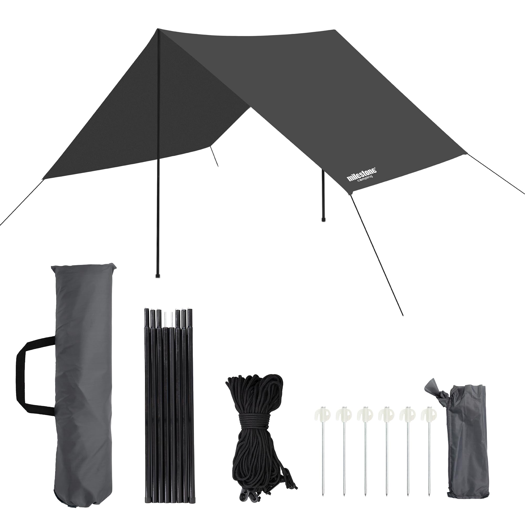 Milestone Camping Tarp Shelter with Steel Poles / 2.8 x 2.8m / 1500 mm Waterproof Canopy for Camping, Fishing, Beach, Picnics/Includes Poles, Ropes, Glow in the Dark Ground Pegs and Carry Bag