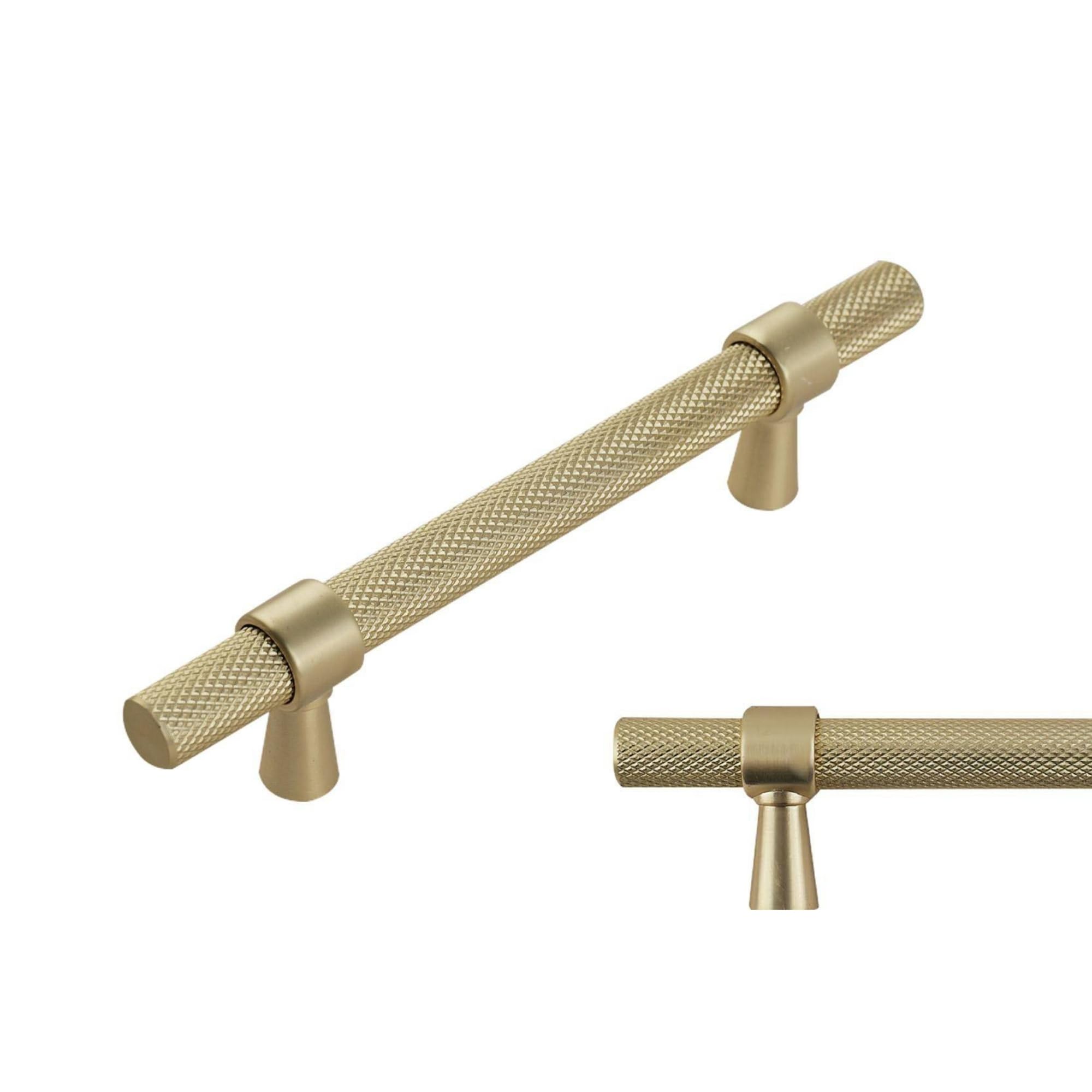 keypak 10 Pack Brushed Brass Knurled Kitchen Cupboard Handles, 96mm Hole Centres, Aluminium T-Bar Pulls for Cabinet, Wardrobe Doors, Chest of Drawers