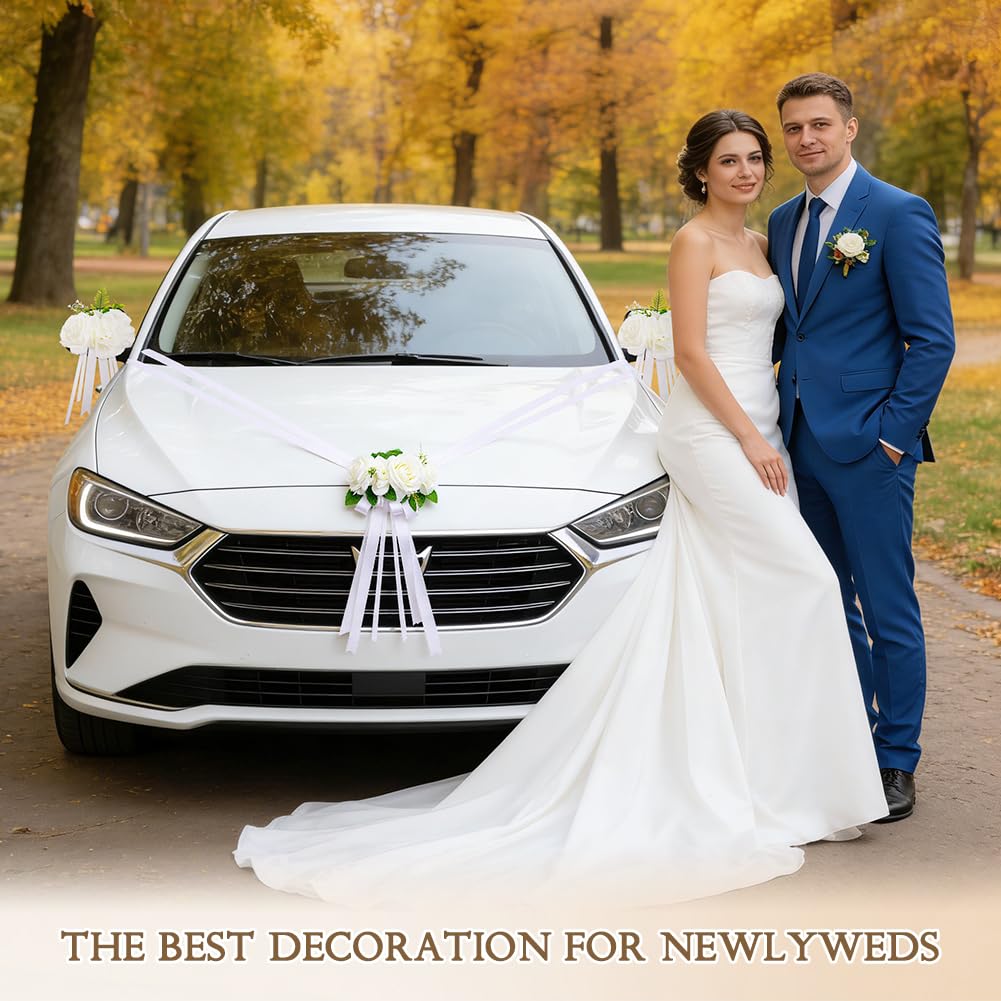 Déco de Voiture de Mariage, Kit de Décoration de Voiture de Mariageavec 3 Roses 4 Nœud 1 Tulle & 1 Ruban Adhésif, Deco Mariage Voiture pour Mariage Réception Cérémonie Fête