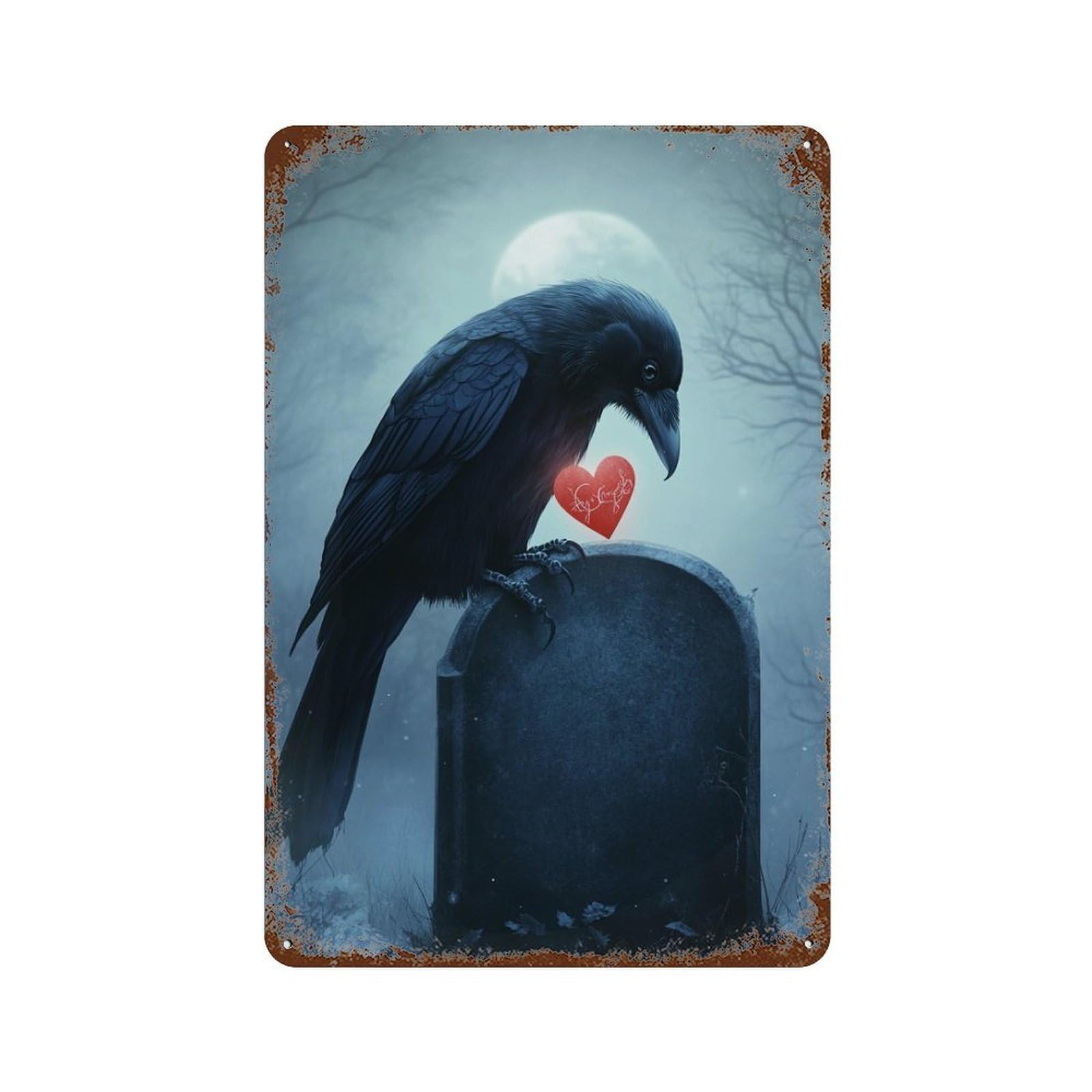 Raven with Heart on Grave 11.8"x7.9" Retro Metal Sign, Industrial Home Decor for Basement, Hobby Room And Garage Decor