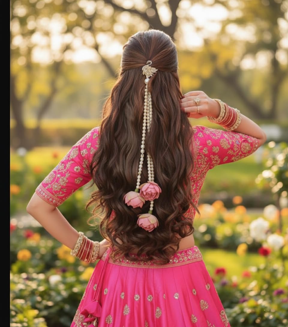 Handmade Pearl HairParanda, HairLatkan | Long Beaded Hairwith Floral Fabric | Bridal & Festive style Accessory | Traditional Bridal style, Diwali, Events, Festival - 1 Pcs.-image-13