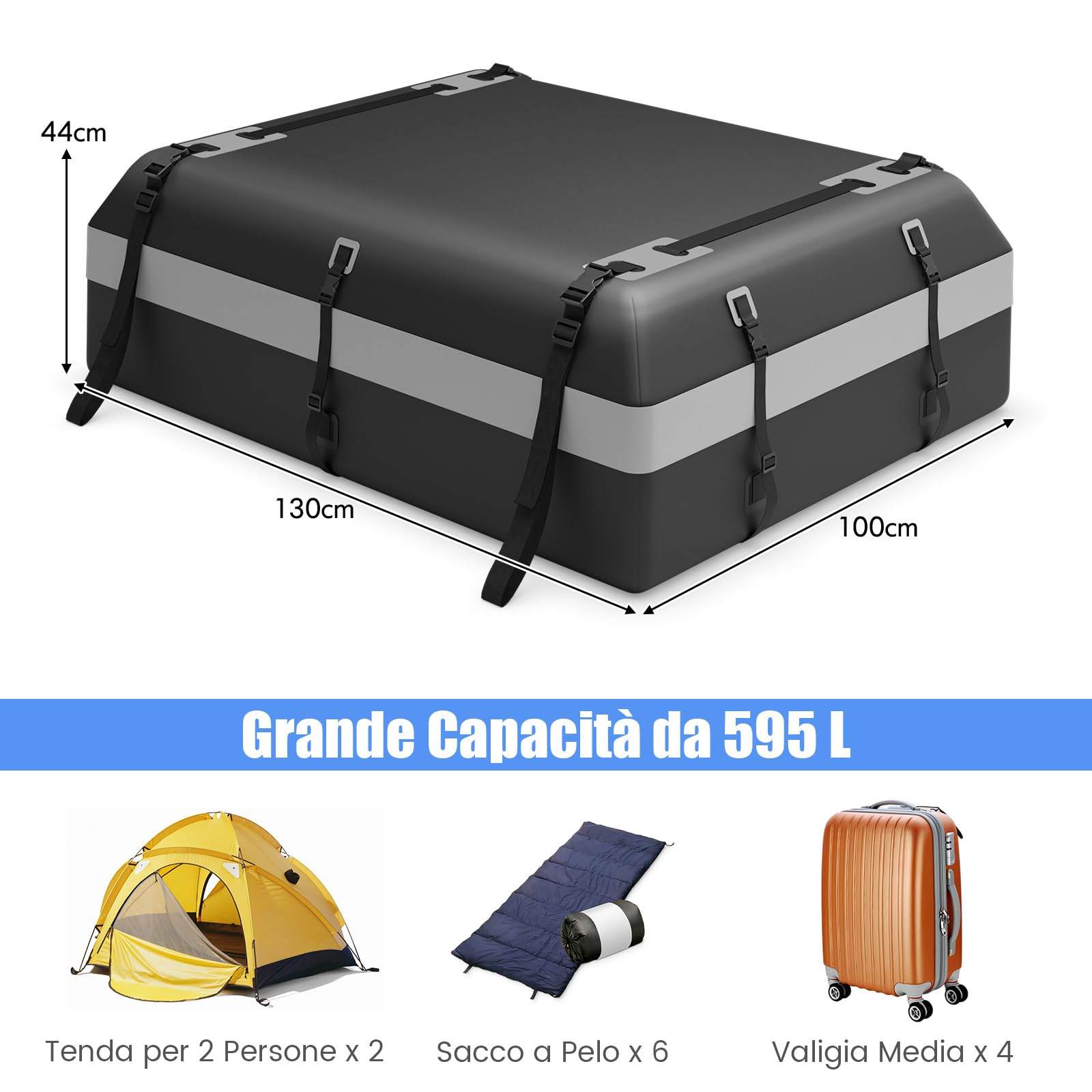 COSTWAY Borsa da Tetto per Auto Impermeabile 21Cu.Ft/595L, Box Tetto Universale con Tappetino Antiscivolo+ 12/14 Cinghie+ 6 Ganci, Sacca per Auto con/senza Barre Portapacchi (Grigio, 21Cu.Ft/595L)