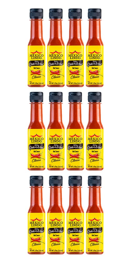 Mexico Lindo Chile de Arbol Hot Sauce Ingredients | 12,190 Scoville Level | Classic Flavor | 5 Fl Oz Bottles (Pack of 12)