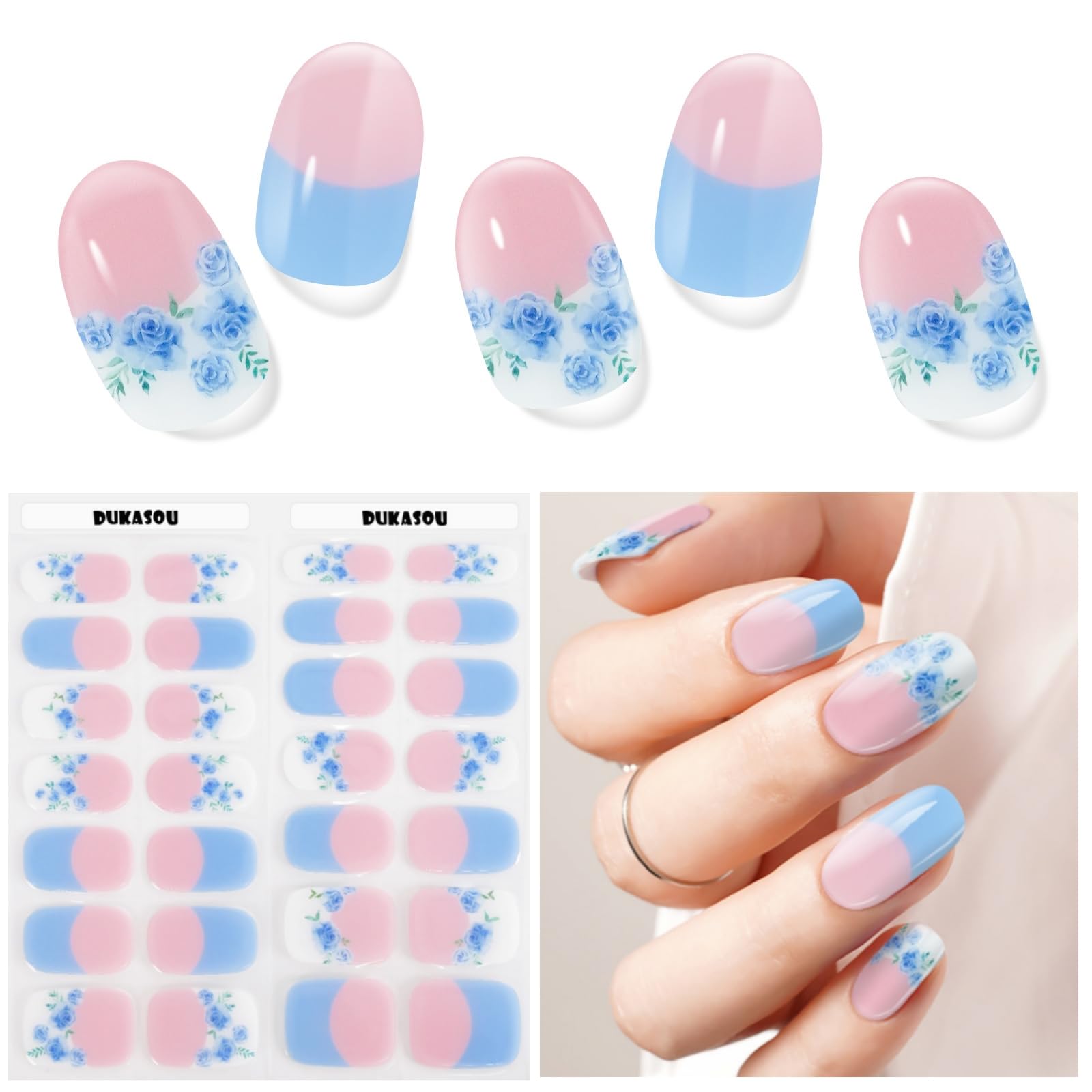 DUKASOU Semi Cured Gel Nail Strips, Blue Rose French | 28 pcs Chinese Style Gel Nail Strips Work with Any UV Lamp, Salon Quality New Chinese Nail