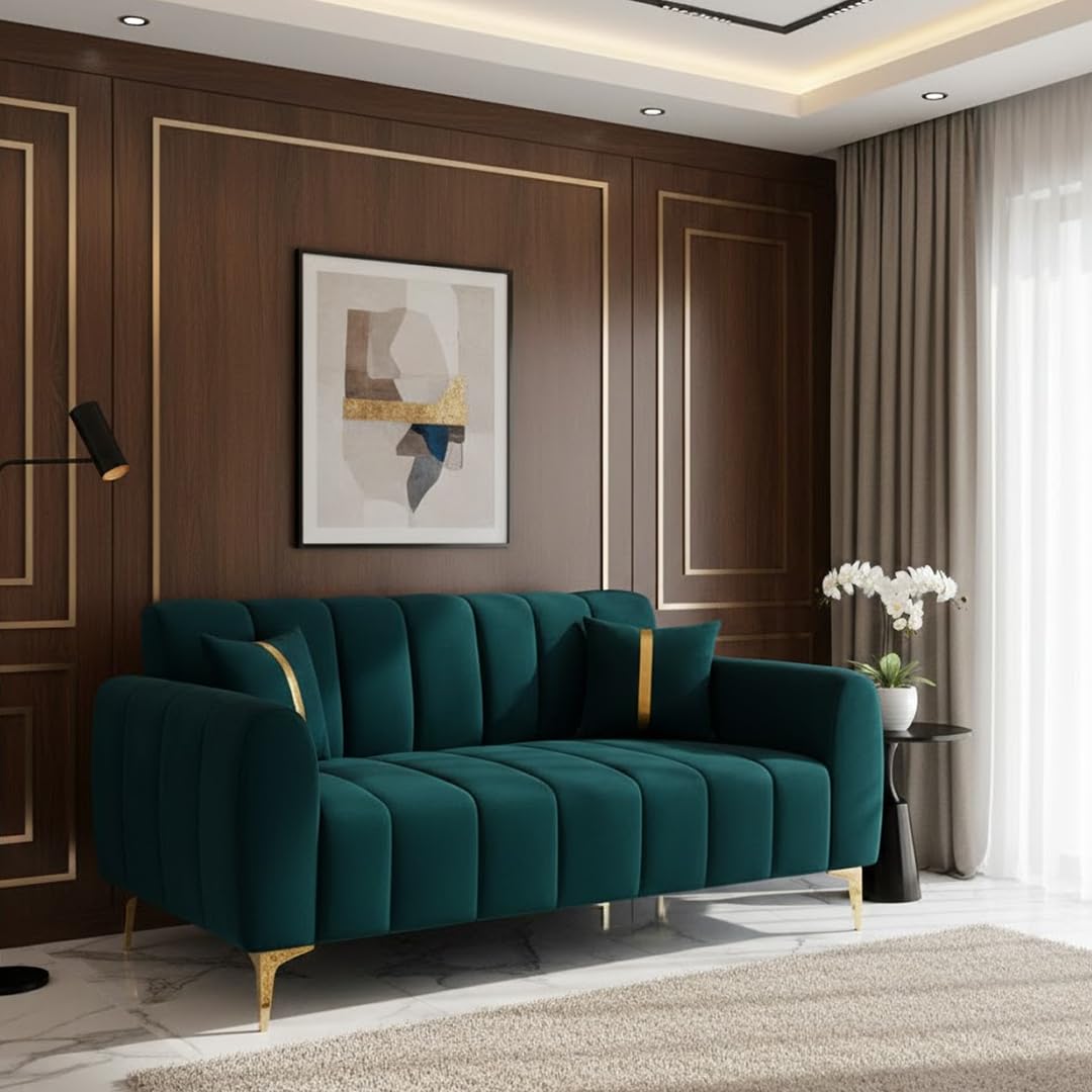 FURNY Hirmoni 2 Seater Sofa Set Velvet Fabric Greenish Teal | Modern Design | Living Room Furniture | Modern Stylish Sofa for Home-image-11